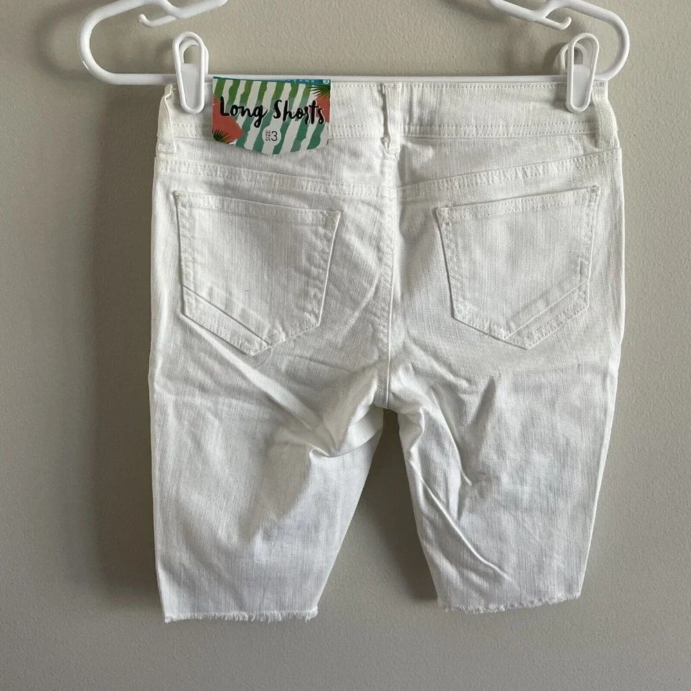 Boom Boom Women SZ 3 White Distressed Long Bermuda Denim Jean Shorts NWT